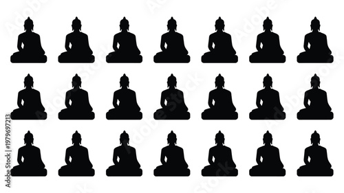 Silhouette icons of buddha statues in meditative poses arranged in a grid pattern minimalist design isolated on a white background for cultural and spiritual themes