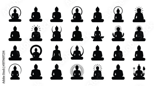 Silhouette collection of 30 meditating buddha figures in minimalist style with halos and radiant symbols