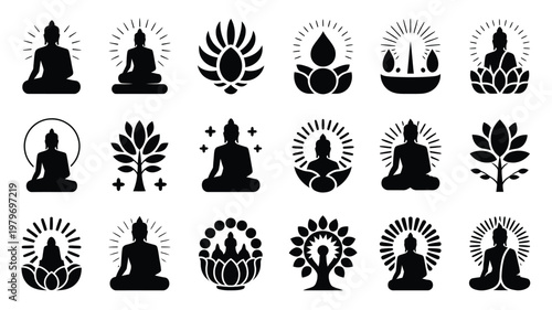 Modern black and white vector illustrations of buddha in meditative poses surrounded by lotus flowers and spiritual symbols