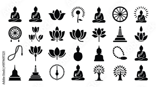 Vector icon collection featuring meditation figures lotus flowers buddhist symbols and spiritual elements in minimalist black and white design