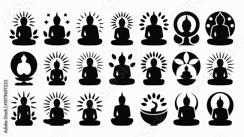 Minimalist buddha silhouettes in meditative poses with radiant auras symbols and floral elements black and white vector art spiritual concepts for meditation and mindfulness