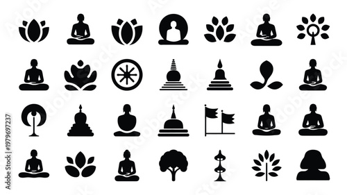Minimalist buddha and spiritual symbols collection illustrated in black and white for meditation and mindfulness concepts