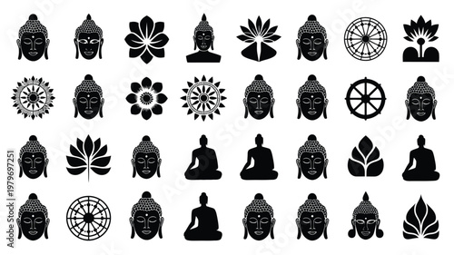 Diverse black silhouettes of buddha statues lotus flowers mandalas and meditative poses arranged in a grid layout symbolizing spirituality and mindfulness