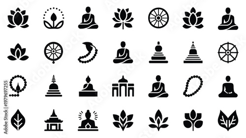 Minimalist black and white buddhist symbols including lotus flowers meditating figures stupas and sacred geometry designs