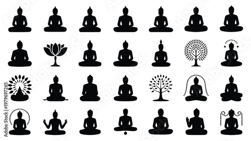 Set of 30 aesthetic black silhouette icons featuring buddha statues lotus flowers and bodhi trees in minimalist meditation poses