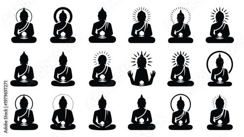 Set of 18 distinct black and white buddha silhouettes in meditative poses with halo variations for spiritual designs