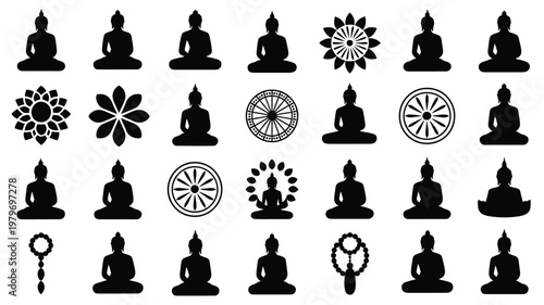 Minimalist buddha and mandala designs arranged in a clean grid layout for spiritual artwork