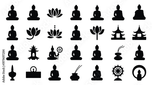 Minimalist black icons of buddha in meditation lotus flowers pagodas and spiritual symbols for mindfulness and zen