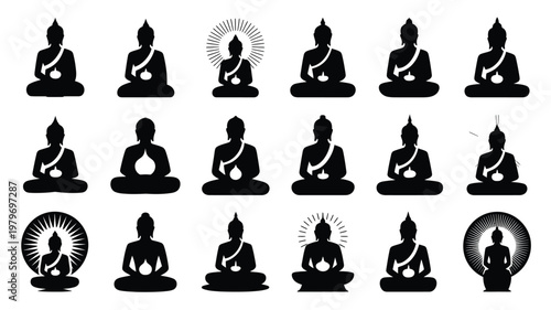 Minimalist black silhouettes of meditating buddha figures with halos and symbolic auras in a grid layout conveying peace enlightenment and spirituality in a modern design style