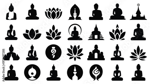 Minimalist black and white buddha icon set featuring 30 unique meditative poses lotus flowers and spiritual symbols ideal for mindfulness and wellness designs