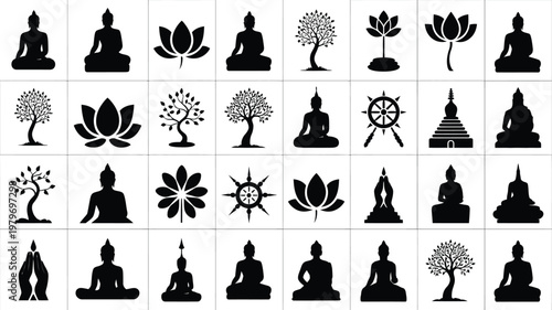 Black silhouette icons of buddha statues lotus flowers and spiritual symbols in a minimalist vector art style arranged in a grid for meditative and zen themes