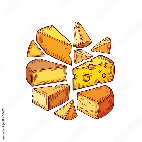 A delightful assortment of various cheese wedges and blocks, artfully arranged in a circular pattern on a white background.