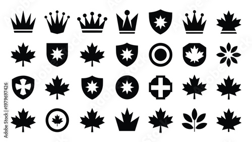 Black and white silhouette icons of maple leaves crowns and shields with crosses and stars in minimalist style