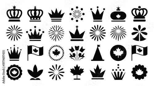 Black and white icons of crowns fireworks maple leaves and flags for victoria day celebration designs