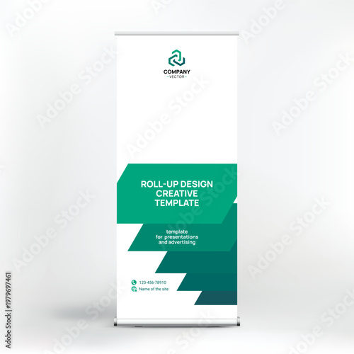 Banner design, roll-up stand for advertising, conferences, seminars, poster template for placing photos and text. Creative background for presentation