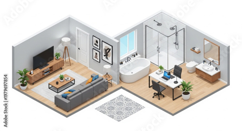Isometric view of a modern apartment interior design with living room and bathroom.