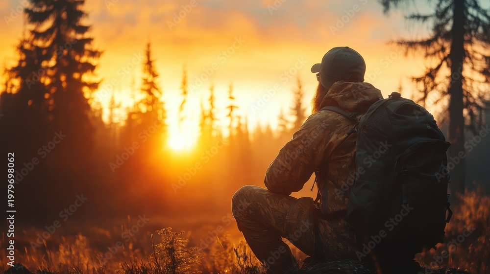 Fototapeta premium A lone hiker sitting on a rock, gazing at a stunning sunset through the trees, capturing the beauty of nature, reflection, and the joy of exploration in the wilderness.