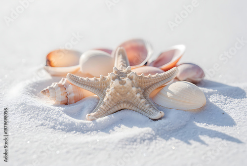 Seashells and starfish on soft sand in bright summer sunlight