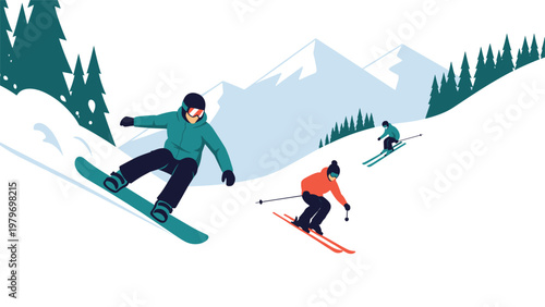 Active group of people skiing and snowboarding down a wide snowy mountain slope under a clear sky for a winter vacation experience.