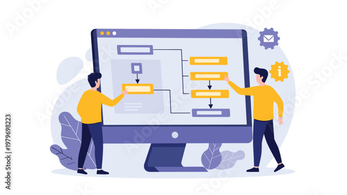 Two software developers collaborating on a complex logical flowchart displayed on a large computer monitor to optimize a business process.