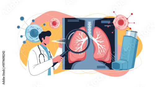 Male doctor in white coat uses magnifying glass to inspect human lung x-ray near asthma inhaler and virus cells.