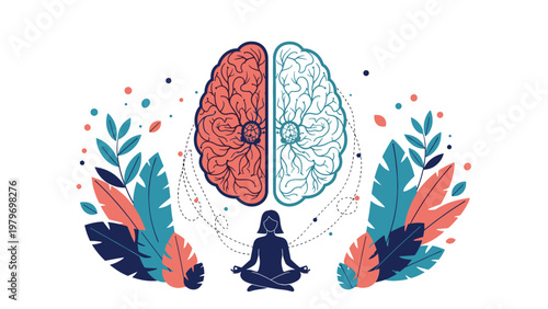 Meditation concept with human brain divided into creative and logical halves above woman practicing yoga in nature.