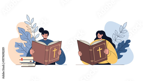 Young women sitting at tables and reading holy bible with cross symbol on cover during religious study session.