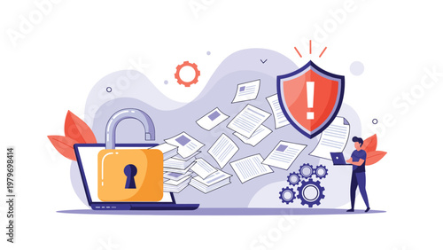 Data security concept showing laptop with open lock and documents protected by digital security shield and firewalls.