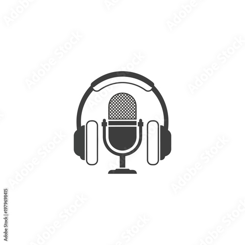 Black and white illustration of a microphone with headphones on a stand.