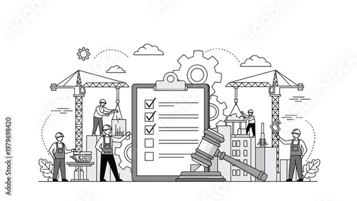 Construction law and regulation concept with builders working on site near giant clipboard and legal gavel tool.