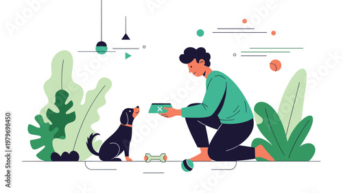 Young man kneeling down to feed small black dog with green food bowl in park surrounded by green plants and trees.