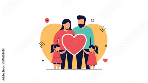 Happy family concept with parents and two young daughters holding large red heart against bright yellow background.