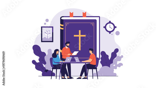 Group of people sitting at table with laptops and studying christian scripture in front of large holy bible book.