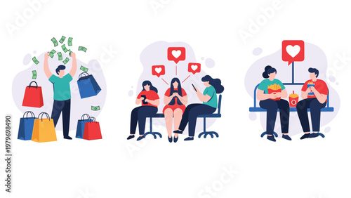 Modern lifestyle concept showing shopping addiction, social media use on phones, and unhealthy fast food consumption.