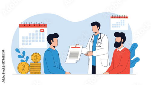 Professional male doctor presenting health insurance policy or medical contract to male patients in clinic office.