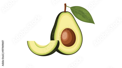 Fresh green avocado fruit with large brown pit shown as whole fruit and separate sliced piece with green leaf.