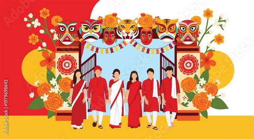 People in traditional attire celebrating a vibrant cultural festival with decorative masks, flowers, and garlands under an ornate archway.