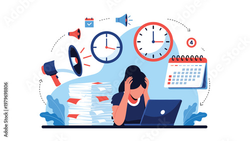 Overworked and stressed businesswoman at desk with mountain of paperwork and multiple clocks indicating deadlines.