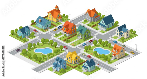 Isometric neighborhood with houses streets and parks.