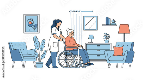 Professional caregiver pushing elderly woman in wheelchair inside comfortable and bright living room area at home.