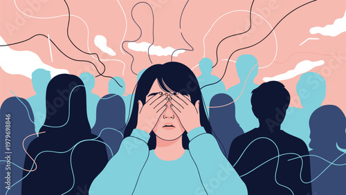 Anxiety and social phobia concept with woman covering her face in middle of crowd of silhouettes and wavy lines.