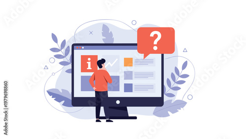 User looking for help or information on large computer screen with giant orange speech bubble and question mark.