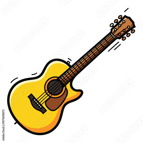 Yellow acoustic guitar with brown neck and body details isolated on white background icon