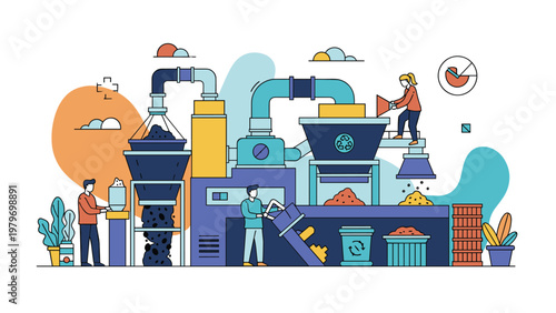Industrial recycling process in factory with workers managing waste sorting and processing industrial machinery.