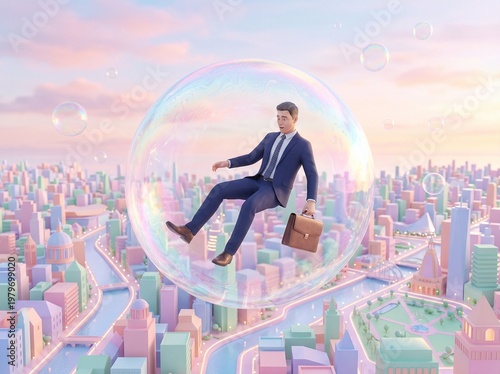 Surreal concept of businessman in suit floating inside giant transparent soap bubble above pastel minimalist city skyline