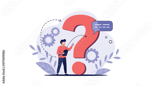 Analytical professional seeking solutions to complex problems represented by large question mark and mechanical gear icons.