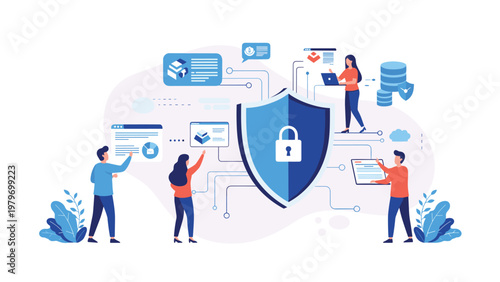 Group of IT professionals managing complex digital security systems and data protection around a giant central lock shield.