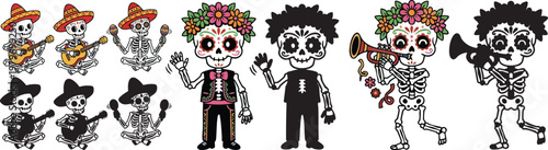Web Mexican Party Skeleton Vector Set - DJ Calavera, Taco Server, and Fiesta Banner Characters - Cinco de Mayo and Day of the Dead Illustrations - Silhouette and Color Bundle