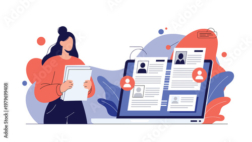 Human resources manager reviewing candidate profiles and digital resumes on laptop screen for recruitment and hiring process.