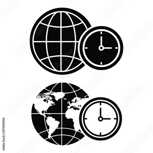 Black and white icons of globe and clock  time and world concept icon